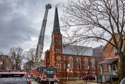 Chicago Fire Department #cfd #chicagofd #larryshapiro shapirophotography.net 2-11 Alarm fire in a church steeple at 1540 N Spaulding 2-20-18 Larry Shapiro photographer E-ONE tower ladder #EONE #E-ONE